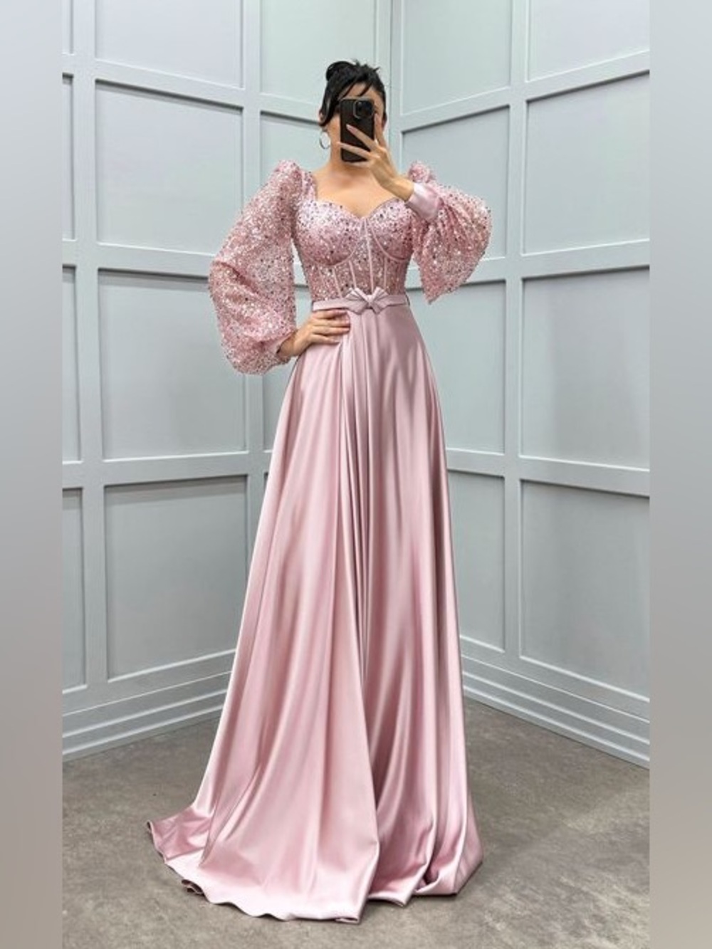 Elegant Pink Satin & Lace Evening Gown